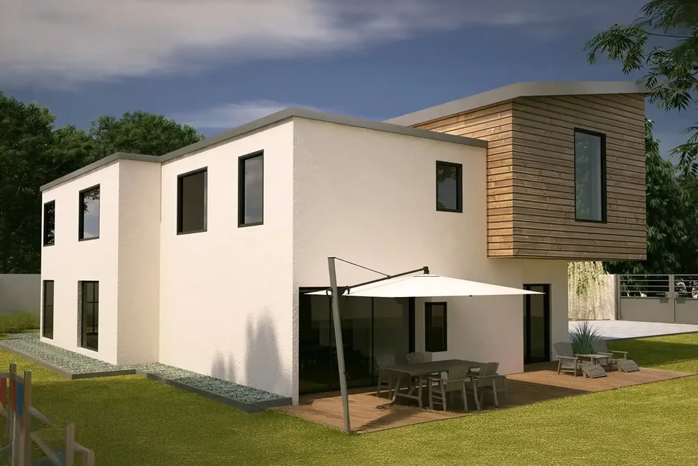 Maison contemporaine avec extension moderne à toit plat et baies vitrées coulissantes