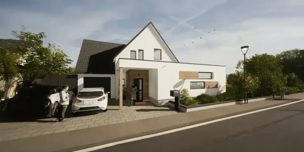 Scène extérieure d'une maison moderne avec homme près d'un véhicule blanc garé dans l'allée pavée