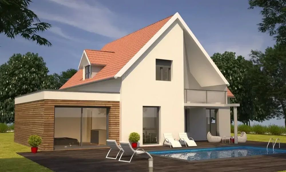 Maison contemporaine avec piscine dans jardin paysagé