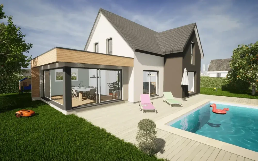 Maison contemporaine à architecture moderne avec toitures ardoise, façades mixtes enduit blanc et bardage bois vertical