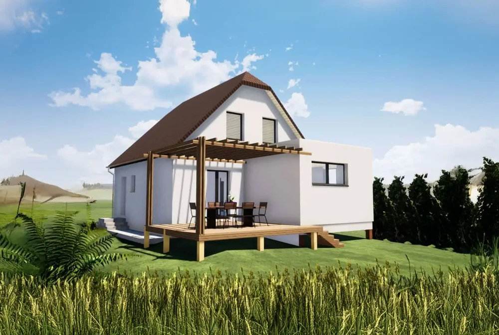 Maison contemporaine avec terrasse en bois surélevée et pergola, située dans un environnement rural verdoyant