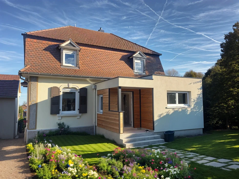 Maison individuelle moderne avec extension contemporaine, façade mixte crépi beige et bardage bois horizontal