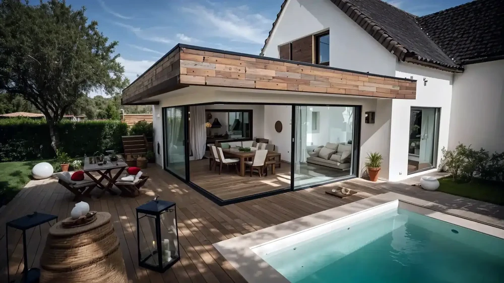 Terrasse moderne avec piscine adjacente à une extension contemporaine