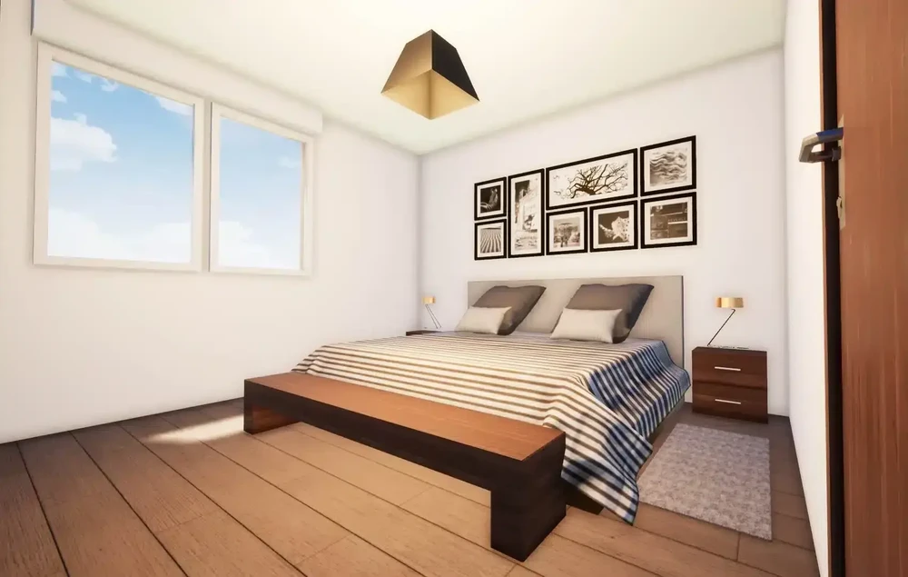 Chambre moderne avec lit double en bois massif, literie blanche et coussins rayés noirs