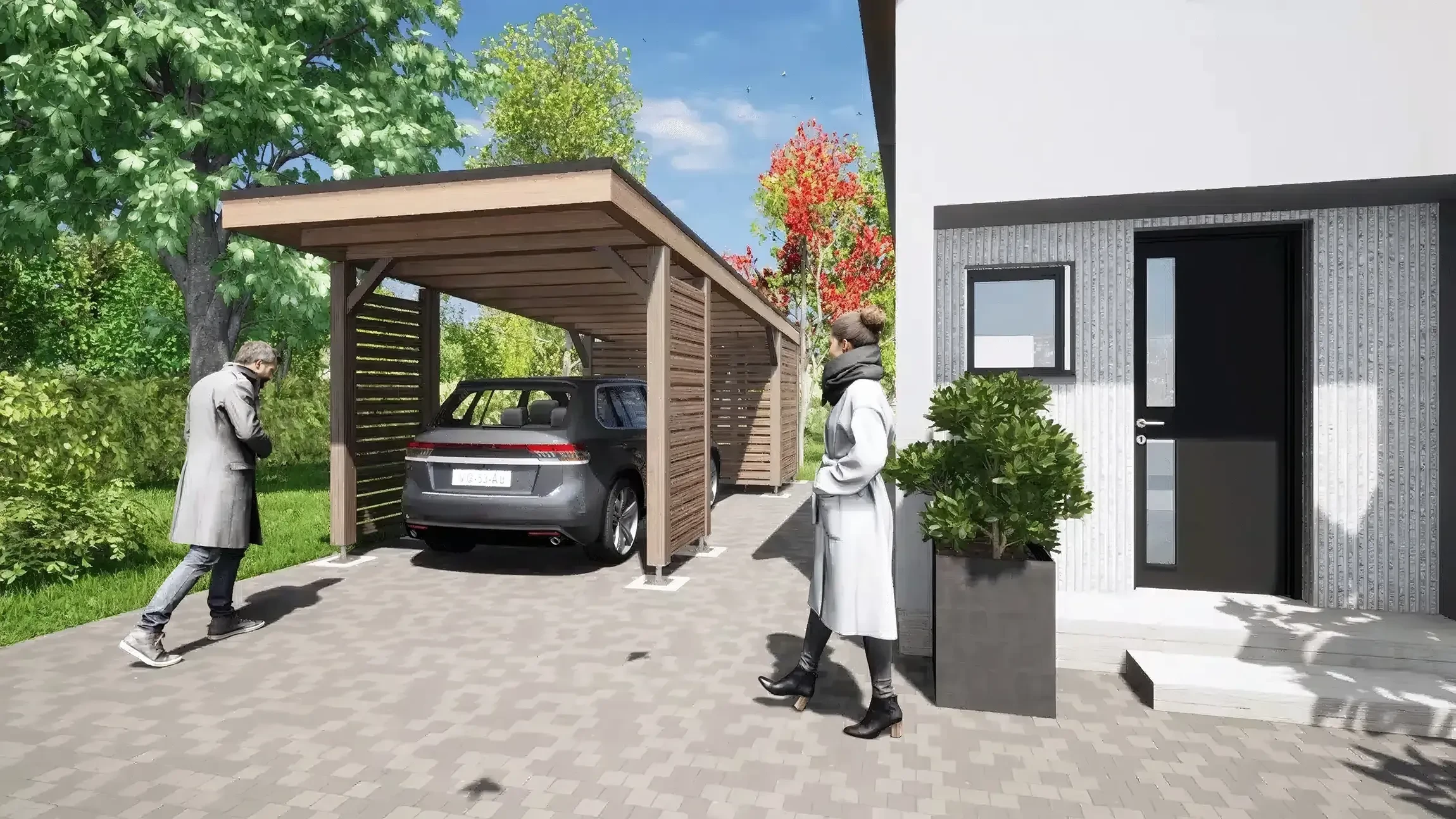 Garage double ext&eacute;rieur avec fa&ccedil;ade rouge en bardage bois, toiture m&eacute;tallique grise et encadrements blancs