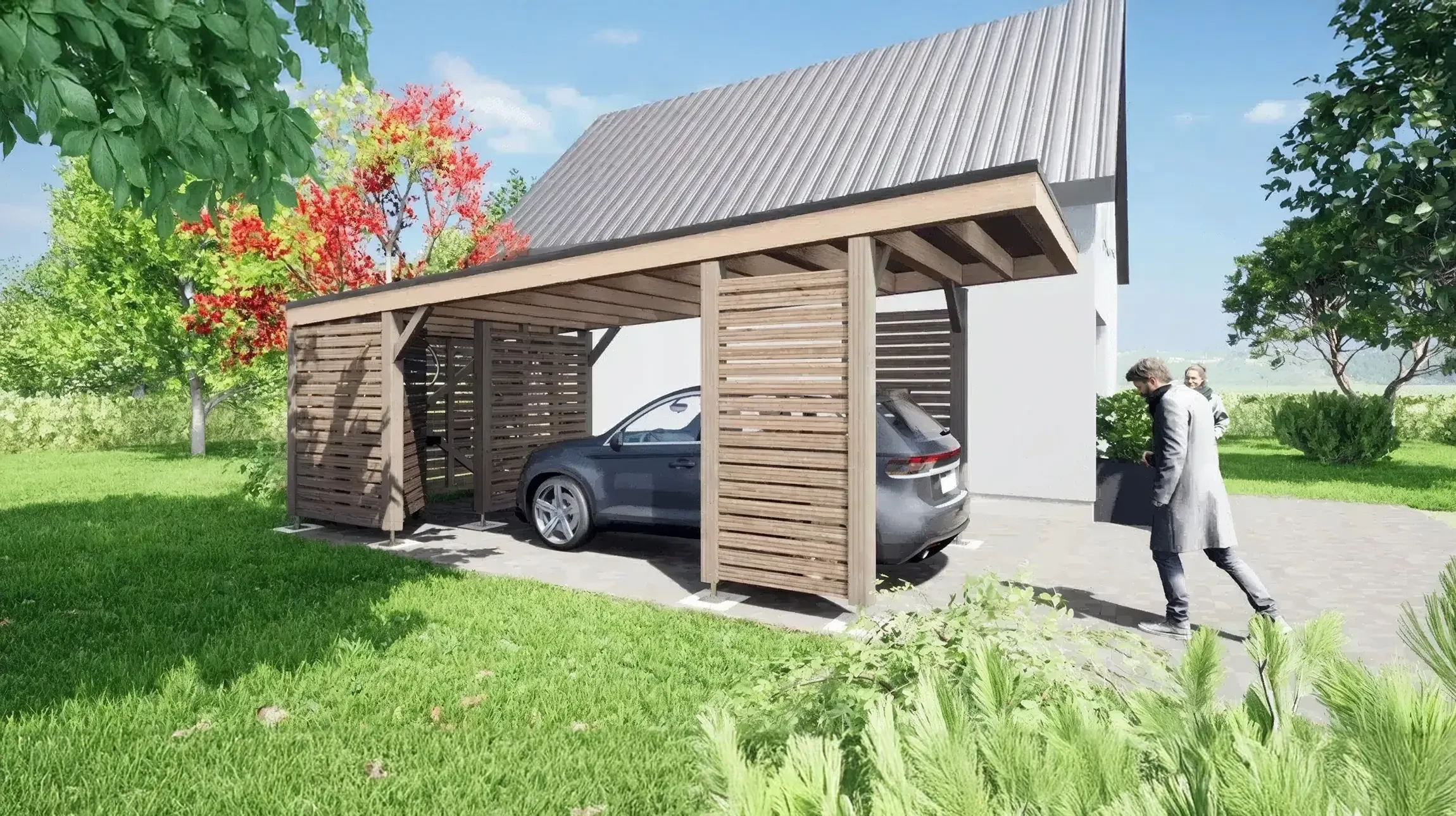 Maison contemporaine unifamiliale avec garage attenant sur terrain paysagé au coucher du soleil
