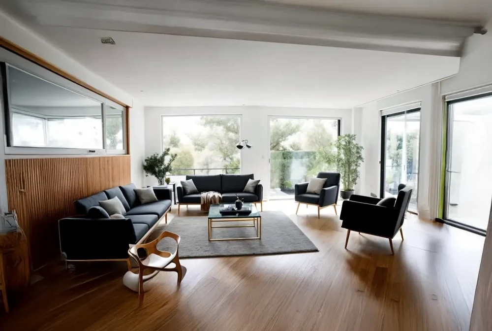 Maison contemporaine avec extension en bardage bois et terrasse couverte, située dans un environnement verdoyant