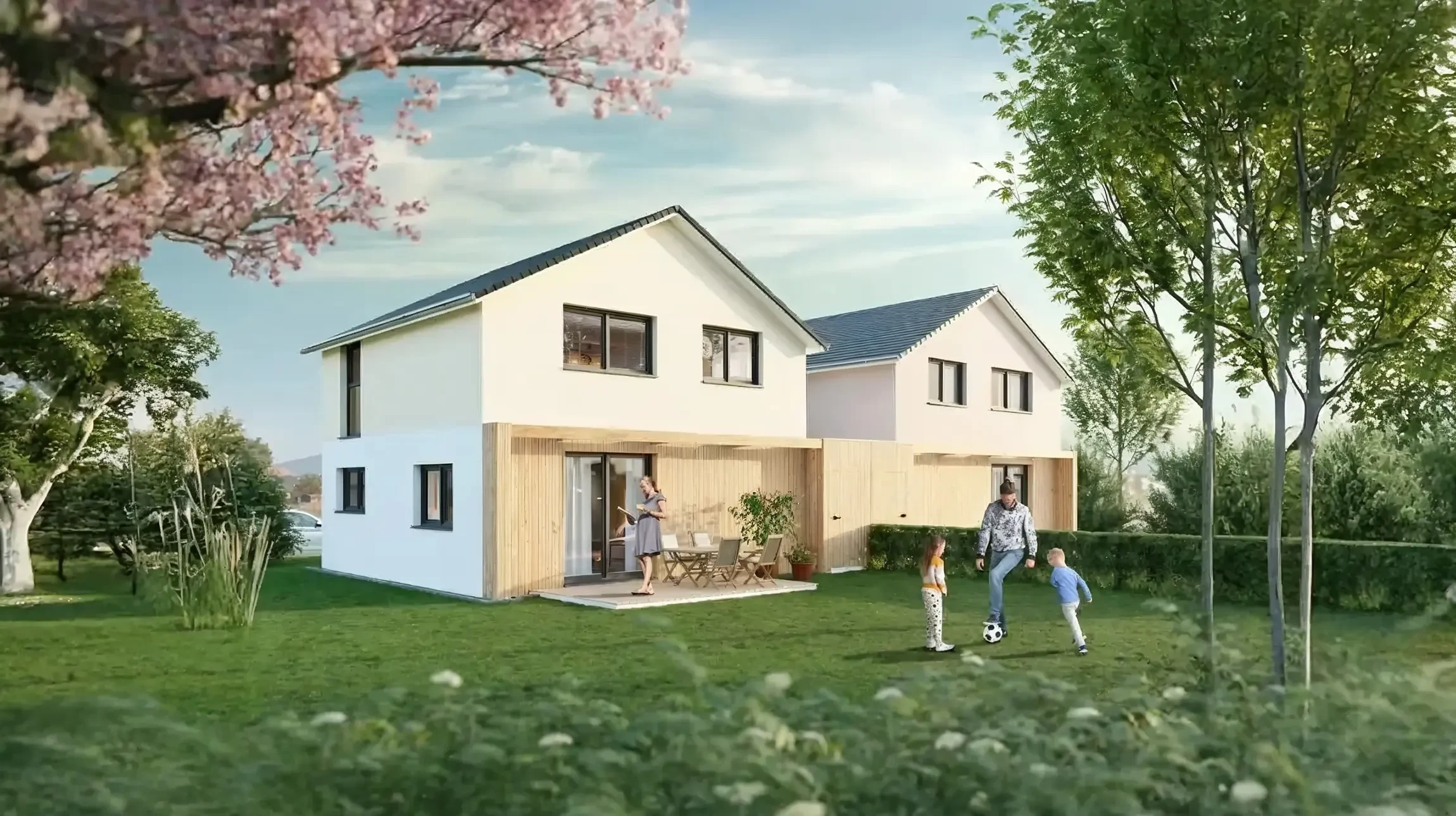 Chantier de construction extérieur montrant une maison unifamiliale en cours d'édification