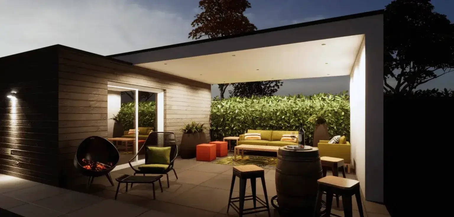 Maison contemporaine avec toiture végétalisée extensive, façade en briques sombres et grandes baies vitrées