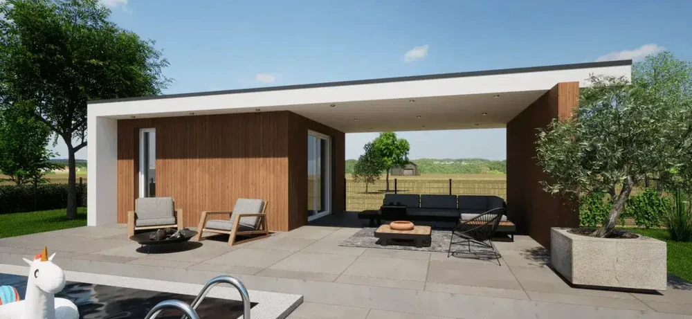 Maison individuelle avec extension moderne à toit plat et bardage bois, située dans un environnement résidentiel arboré