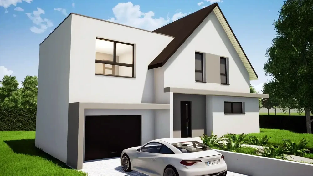 Maison contemporaine à deux niveaux avec terrasse extérieure aménagée, parasol déporté et salon de jardin