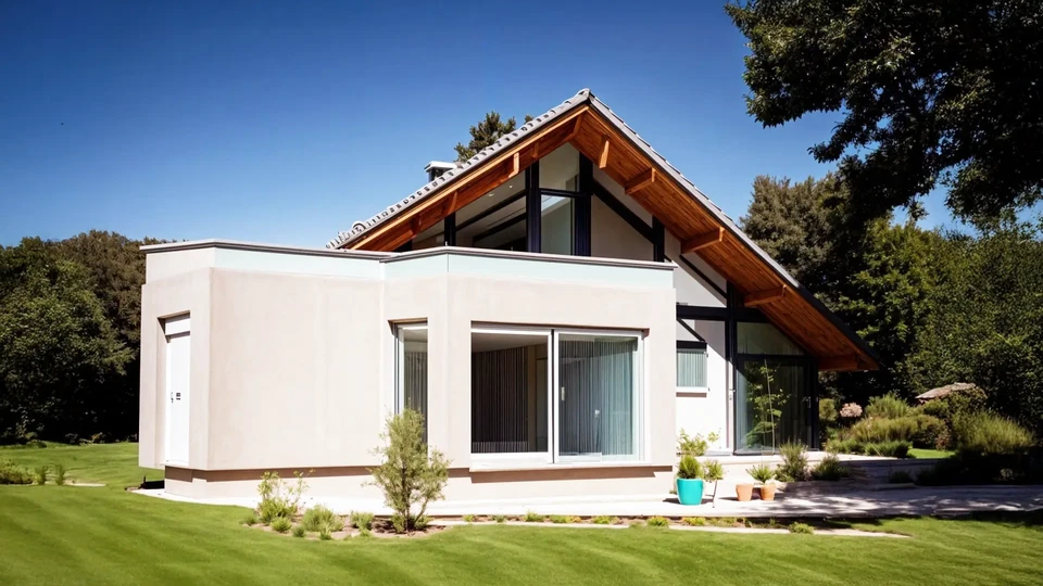 Maison contemporaine avec extension vitrée en bois, terrasse en lames et escaliers extérieurs