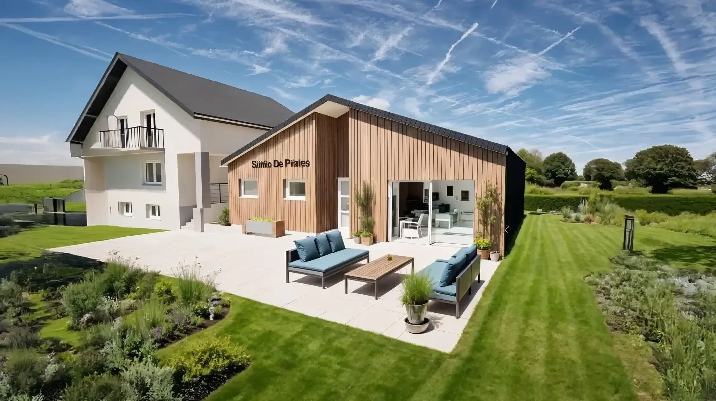 Maison contemporaine avec extension moderne située sur terrain paysager avec pelouse verte