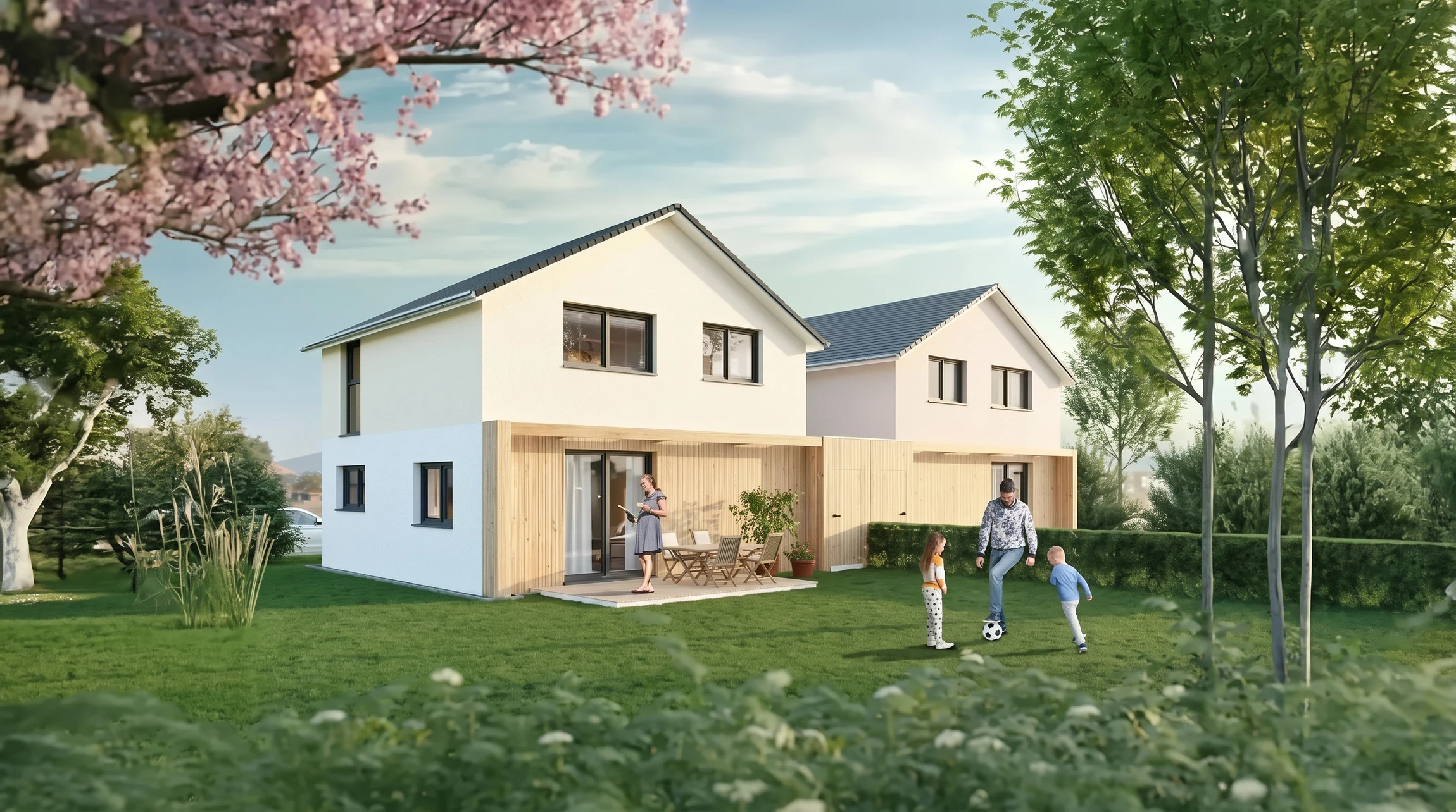Chantier de construction extérieur montrant une maison unifamiliale en cours d'édification
