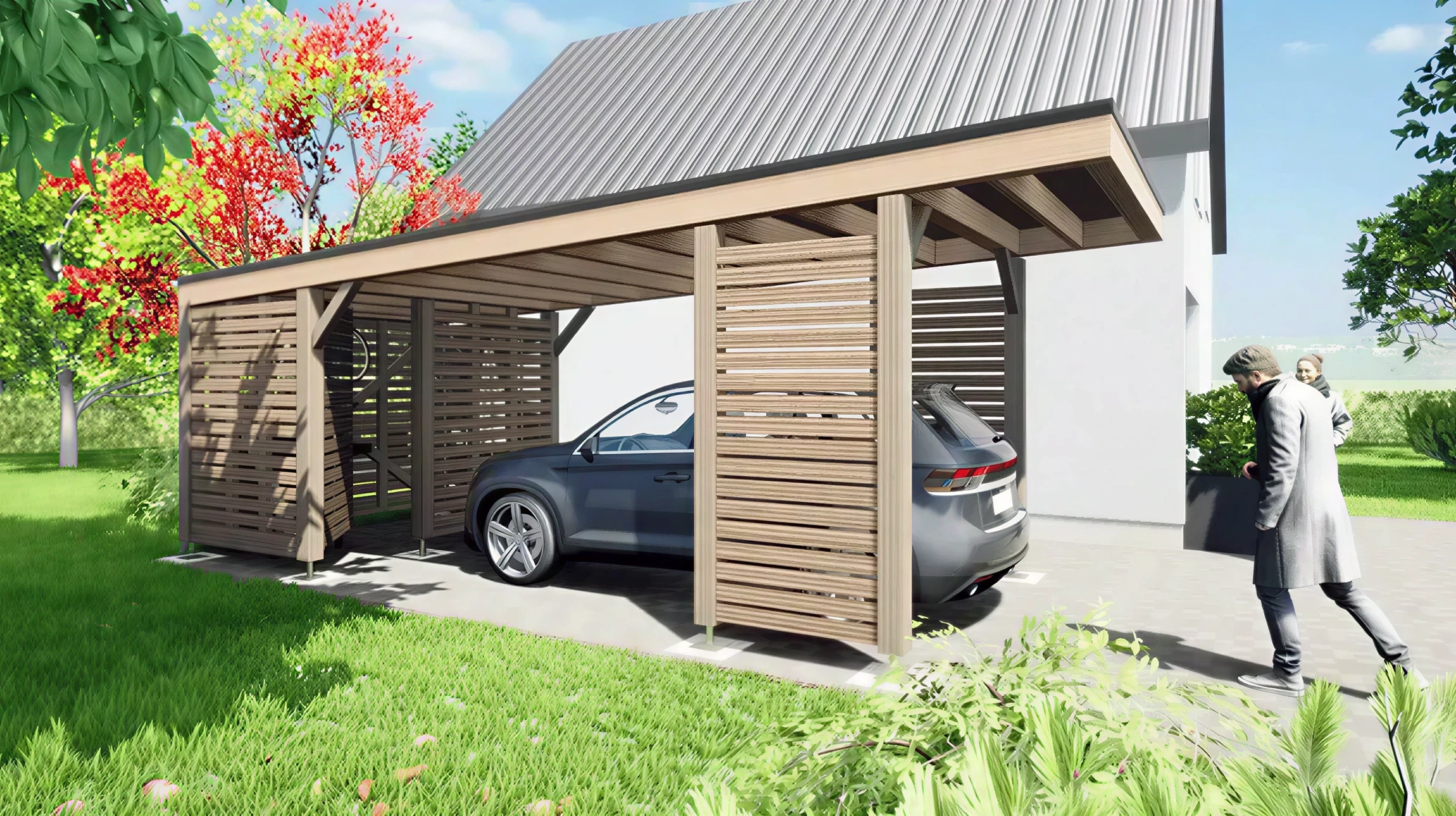 Maison contemporaine unifamiliale avec garage attenant sur terrain paysagé au coucher du soleil